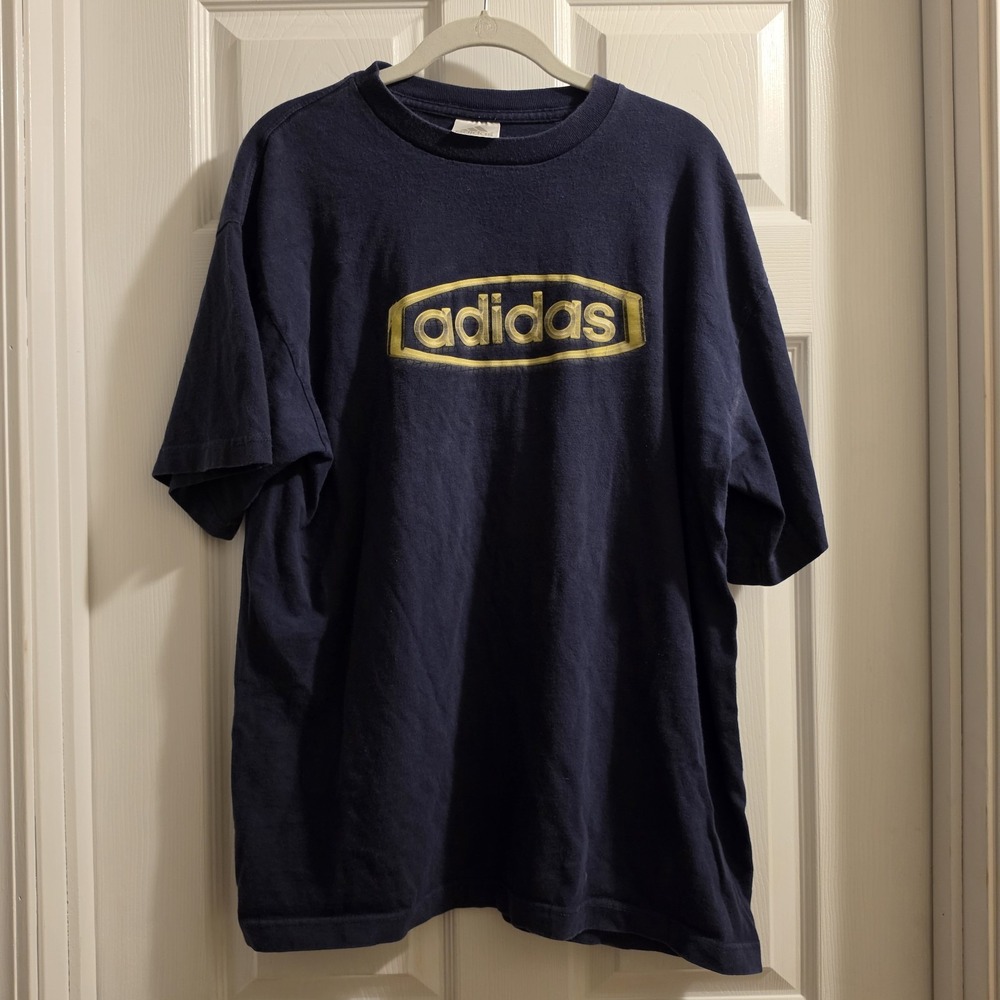 Vintage Adidas Y2K Logo T-Shirt Blue Large Made In Mexico Tag